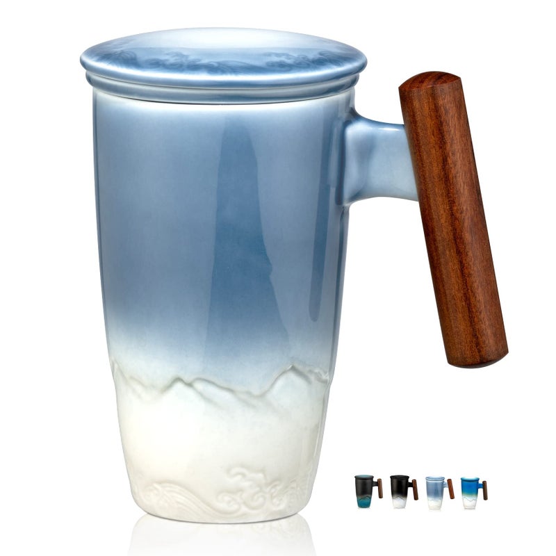 suyika Tomotime Tea Cup with Infuser and Lid 400ml Ceramic Tea Mugs Smooth Inner Wall Wooden Handle 13.5 oz,Blue - Image 1